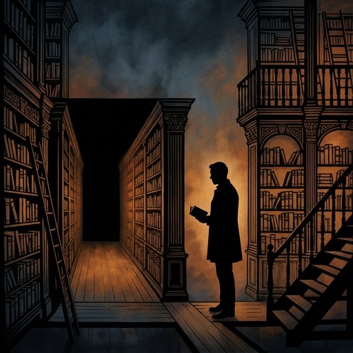A man holding a book stands in a vast library, facing an aisle that ends in darkness.