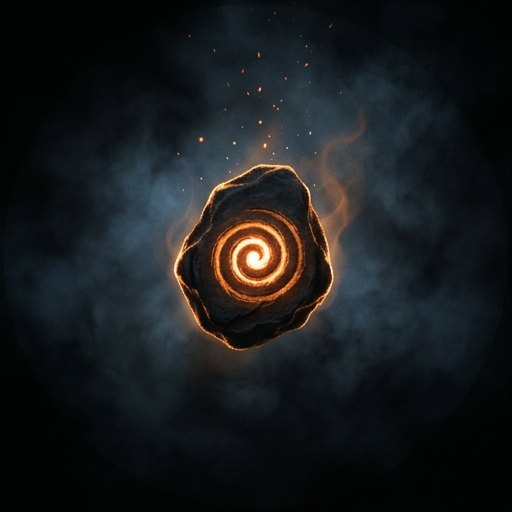 A dark stone glowing from within with a spiral, sparks rising into mist.